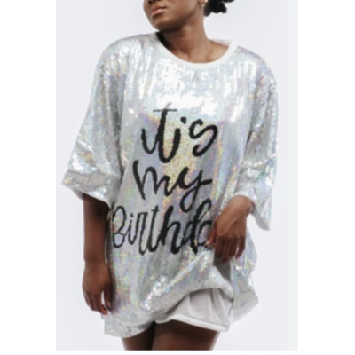 Sequin Dress - It's My Birthday Silver with Black (One Size)